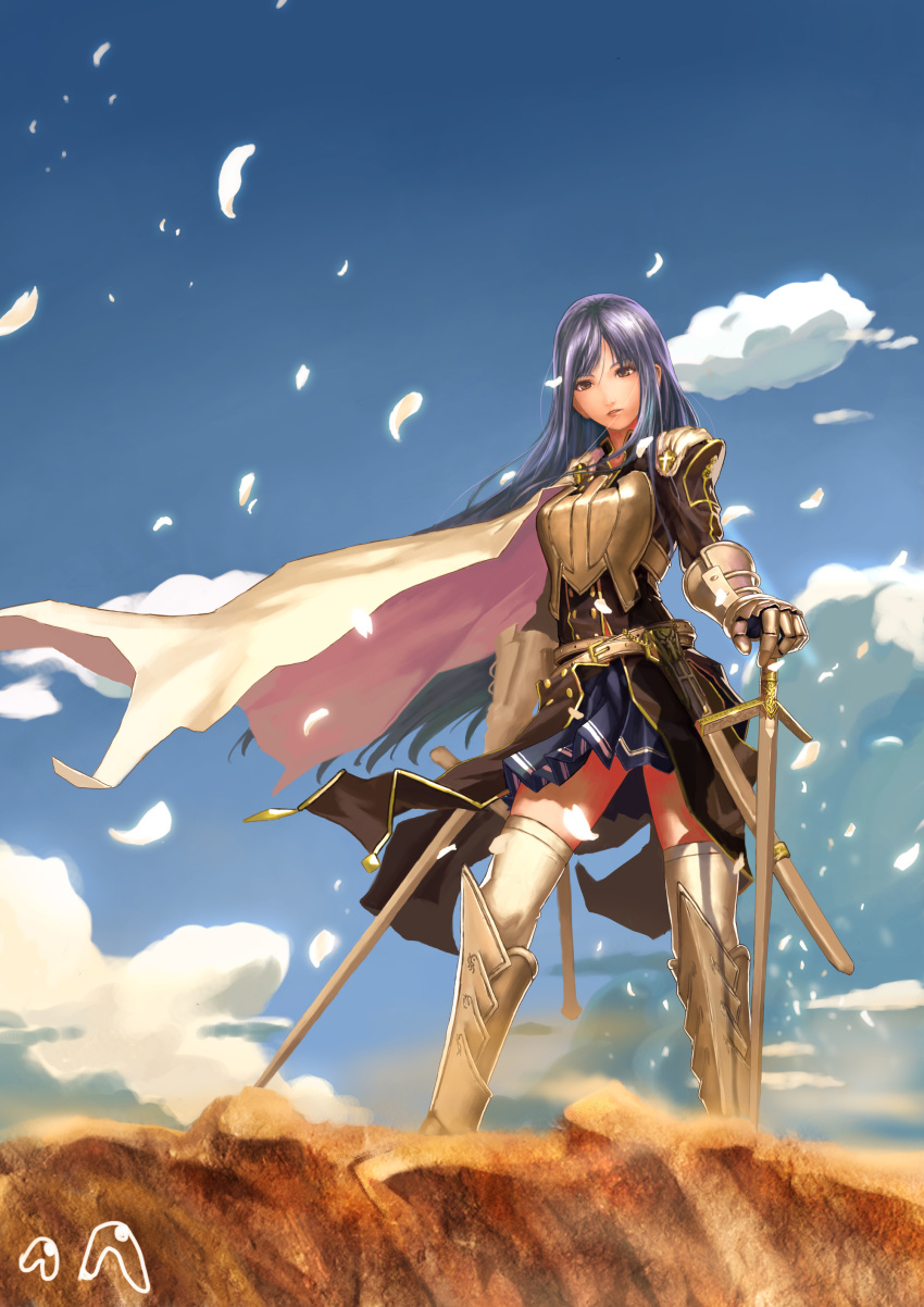 armor, belt, blue_hair, brown_eyes, copyright_request, cross, dual_swords, dual_wielding