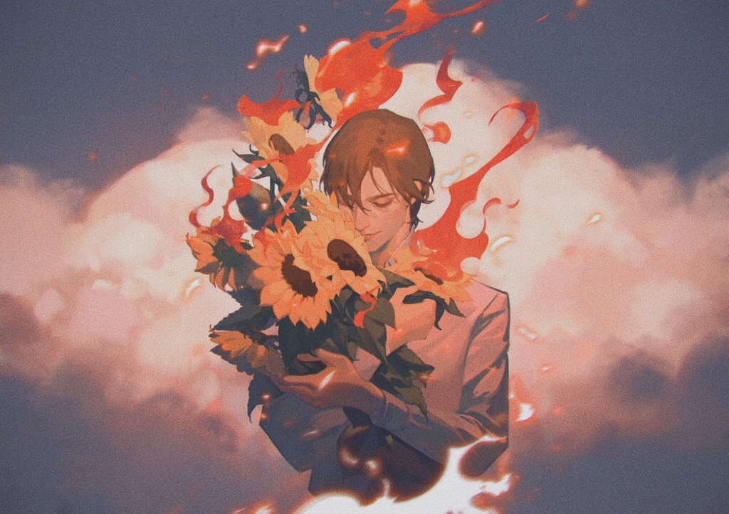 1boy, brown_hair, closed_eyes, closed_mouth, clouds, day, film_grain, fire