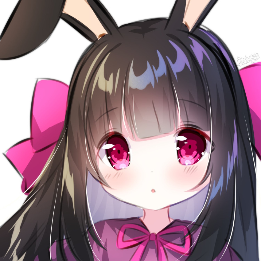 1girl, :o, animal_ears, black_hair, blunt_bangs, blush, bow, expressionless