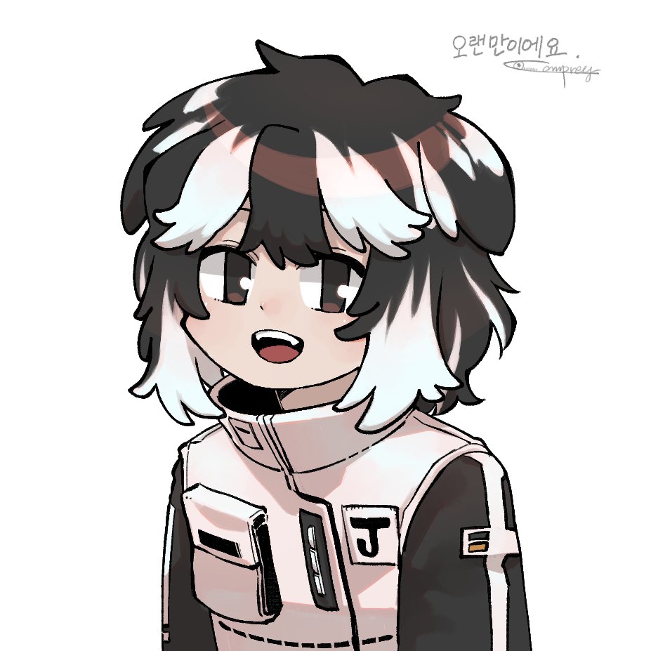 1girl, animal_ears, black_eyes, black_hair, black_sleeves, dog_ears, fangs, jacket