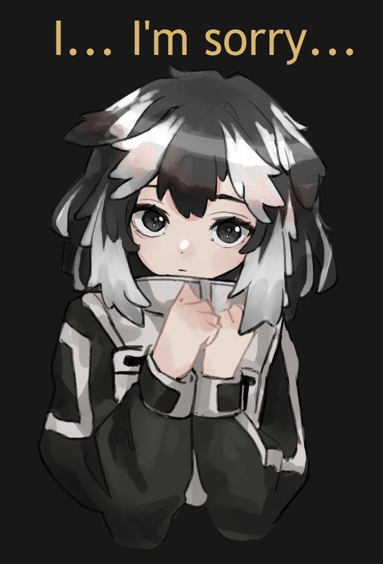 1girl, black_background, black_eyes, black_hair, black_sleeves, closed_mouth, hands_up, jacket