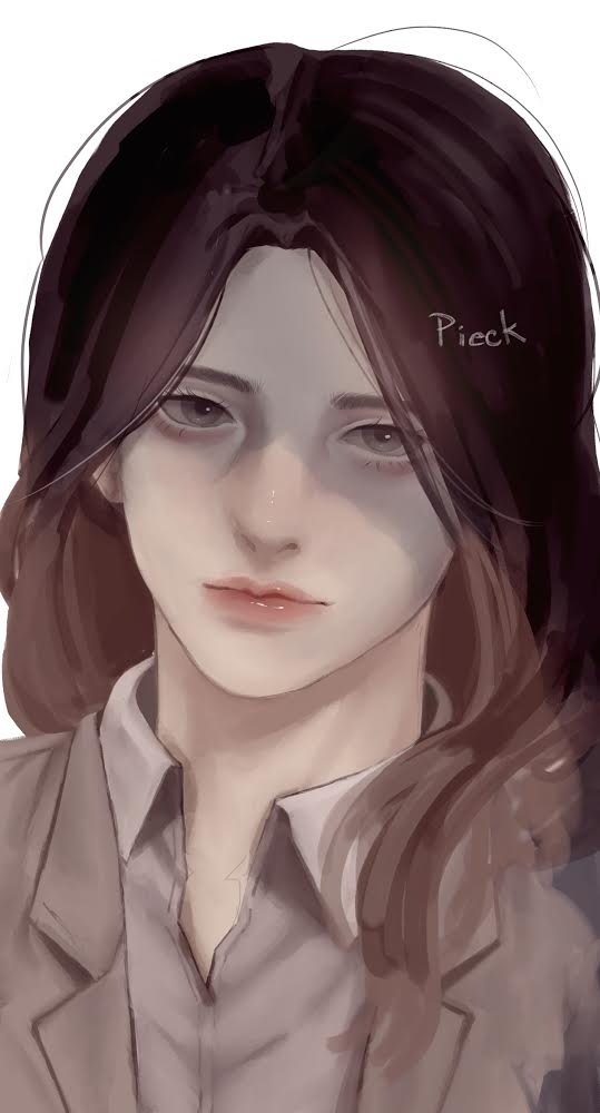 1girl, black_hair, character_name, grey_eyes, jacket, lipgloss, lips, looking_at_viewer, nose, pieck_finger, pokko_jeong, portrait, shingeki_no_kyojin, shiny_lips, uniform, white_background