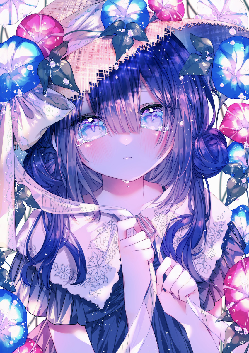 1girl, absurdres, blue_dress, blue_eyes, blue_flower, blunt_bangs, bow, closed_mouth