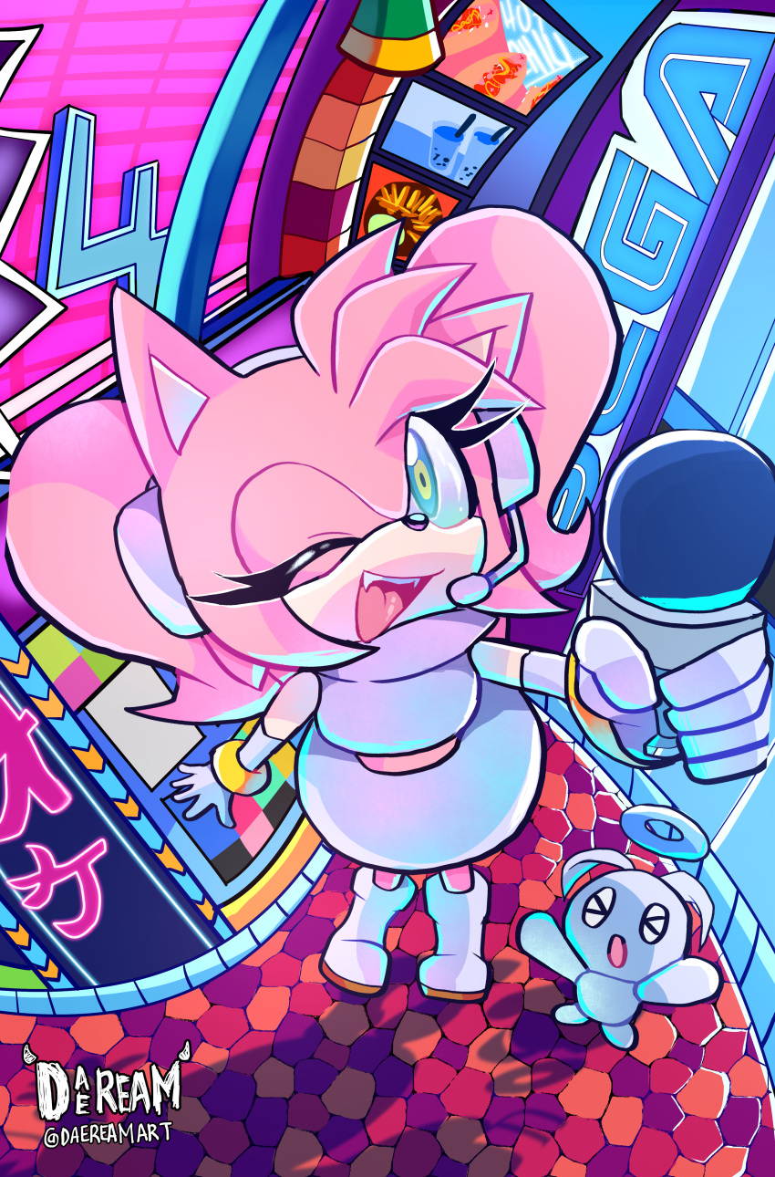 1girl, 1other, absurdres, alternate_hairstyle, amy_rose, aqua_eyes, boots, chao_(sonic)