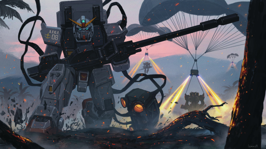 absurdres, artist_name, blue_eyes, commentary, earth_federation, embers, english_commentary, exhaust, ground_gundam, gun, gundam, gundam_08th_ms_team, highres, holding, holding_gun, holding_weapon, icemarv14, jungle, looking_at_viewer, mecha, mecha_focus, mobile_suit, morning, mountain, nature, no_humans, on_one_knee, outdoors, palm_tree, parachute, plant_roots, robot, science_fiction, solo_focus, thrusters, tree, v-fin, weapon