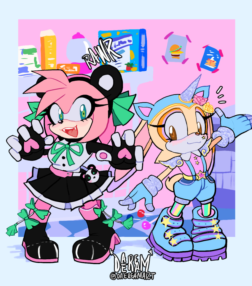 2girls, amy_rose, amy_rose_(panda), animal_ears, arms_up, child, claw_pose, colorful, commentary, cream_the_rabbit, cream_the_rabbit_(unicorn), daeream, english_commentary, full_body, furry, furry_female, gao, hedgehog_ears, hedgehog_girl, heisei_retro, highres, multiple_girls, official_alternate_costume, rabbit_ears, rabbit_girl, rabbit_tail, shoes, signature, sonic_(series), sonic_forces:_speed_battle, standing, tail, unicorn_horn, yume_kawaii