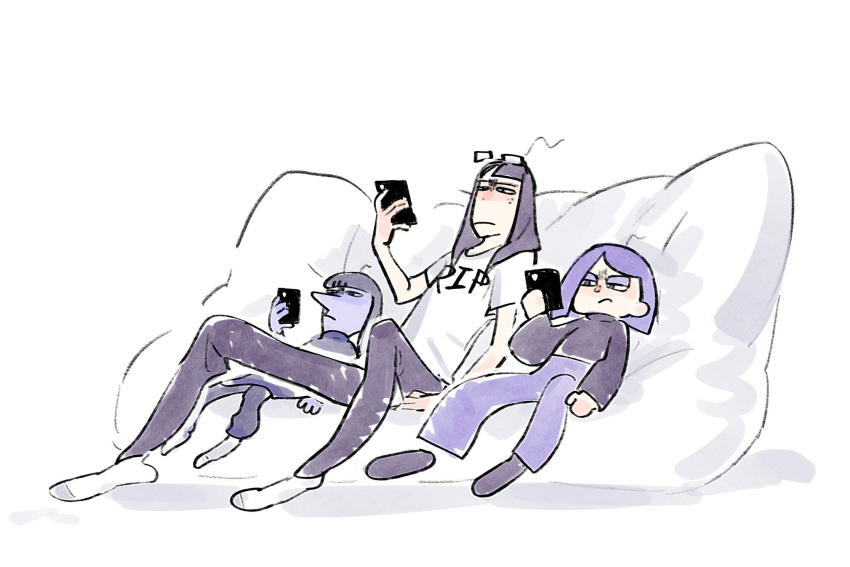 3girls, black_hair, blunt_ends, bob_cut, cellphone, colored_skin, couch, duolingo