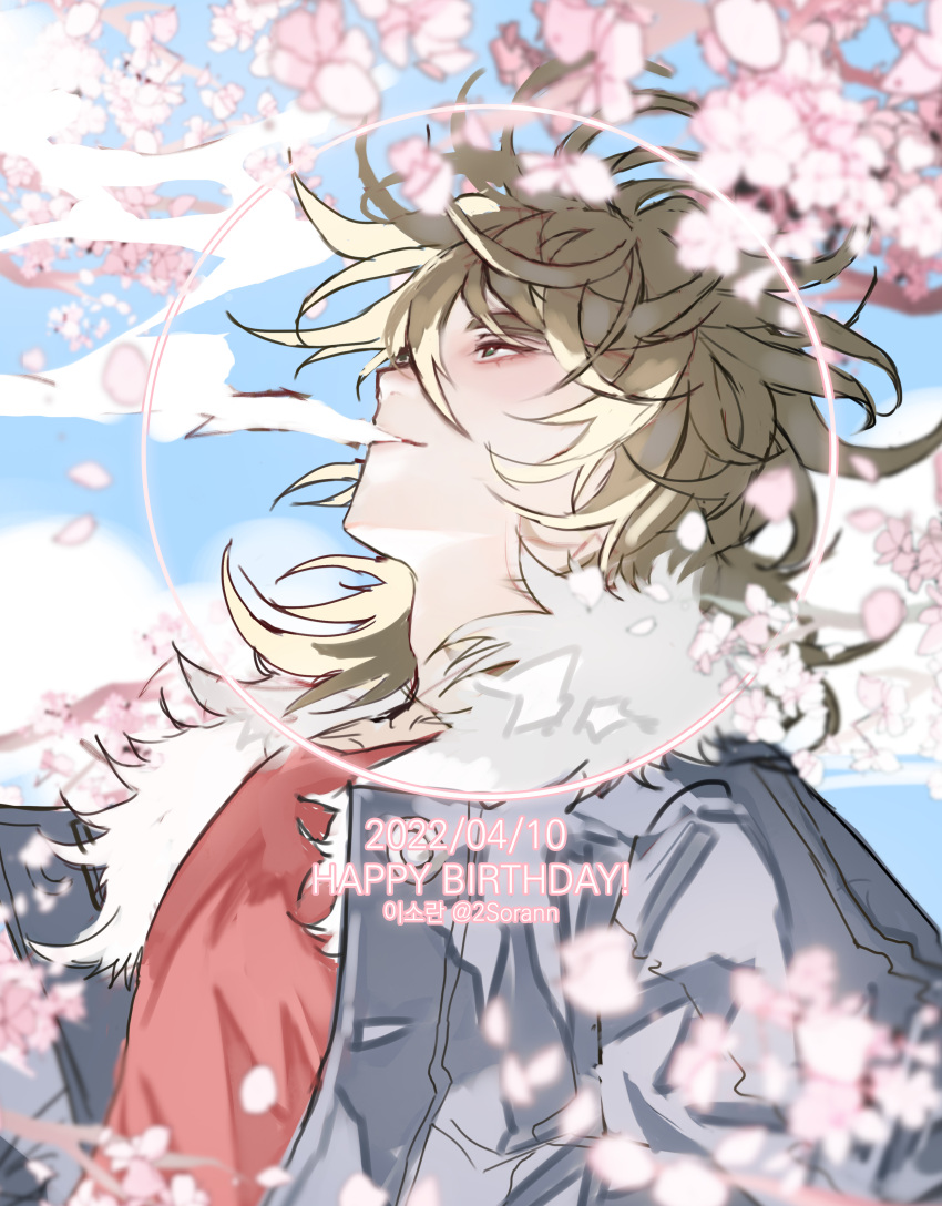 1boy, absurdres, blowing_smoke, brown_hair, cherry_blossoms, commentary_request, dated, day