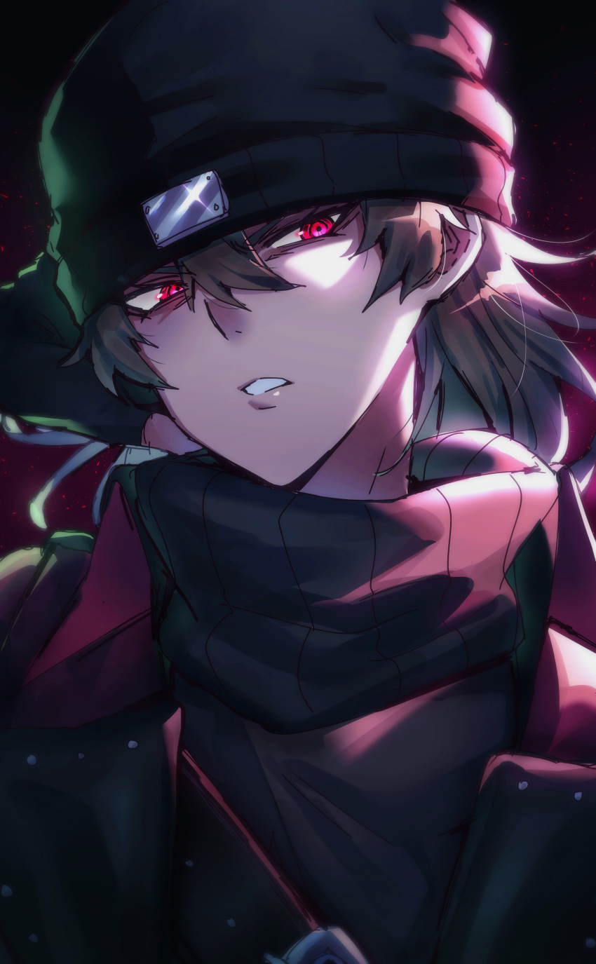 1boy, absurdres, aragaki_shinjirou, beanie, black_background, black_hat, black_sweater, brown_hair, coat, commentary_request, glowing, glowing_eyes, hair_between_eyes, hat, highres, looking_at_viewer, male_focus, medium_hair, parted_lips, persona, persona_3, red_coat, red_eyes, serious, solo, sweater, turtleneck, turtleneck_sweater, upper_body, w_wota