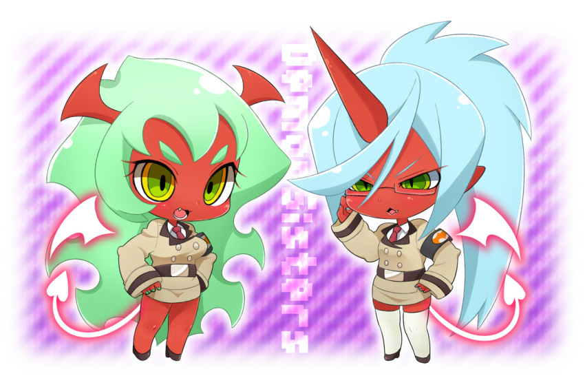 blue_hair, chibi, demon_girl, fang, glasses, green_eyes, green_hair, horns