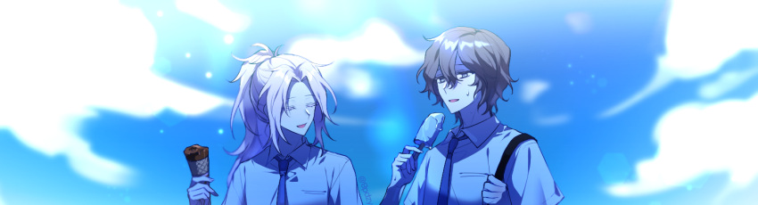 2boys, alternate_costume, alternate_hairstyle, black_hair, blue_eyes, blue_necktie, blue_sky, closed_eyes
