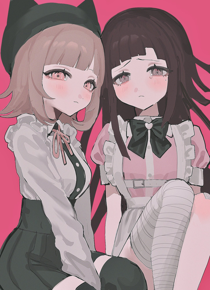 2girls, alternate_costume, apron, bandaged_leg, bandages, black_bow, black_bowtie, black_hat