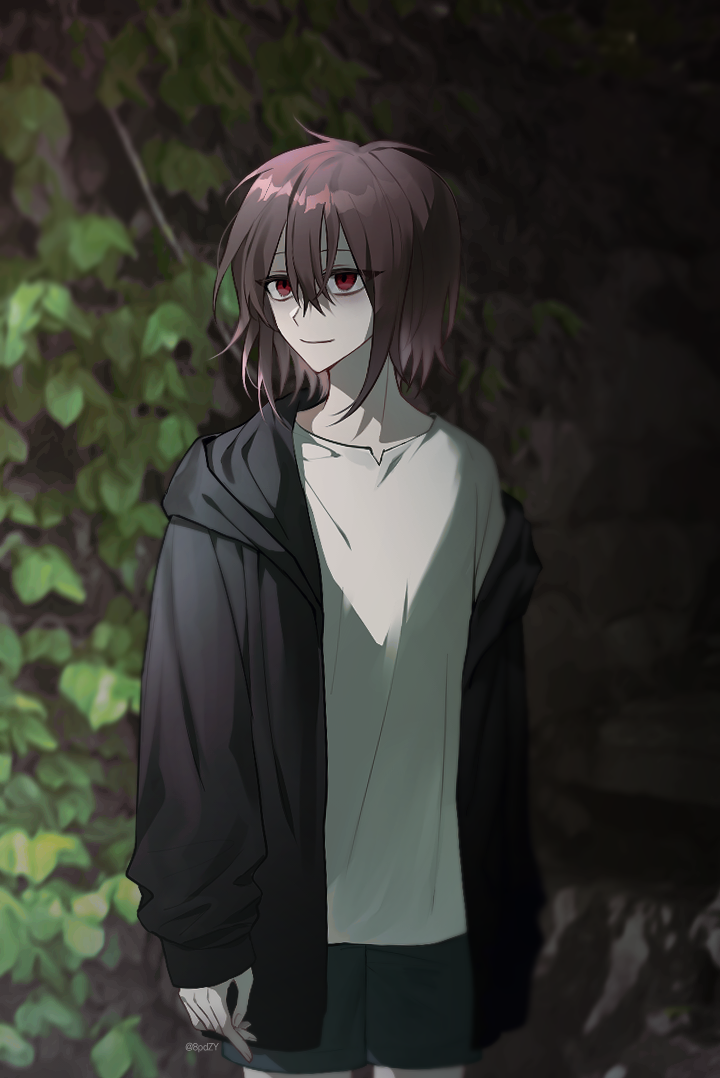 black_jacket, black_shorts, brown_hair, closed_mouth, cowboy_shot, eyes_visible_through_hair, gradient_background, haebu