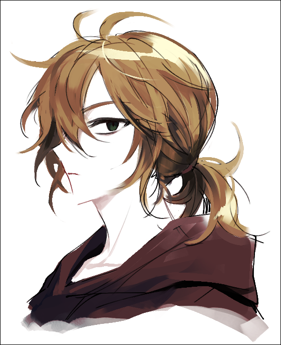 1boy, brown_hair, brown_hoodie, closed_mouth, from_side, green_eyes, haebu, hood