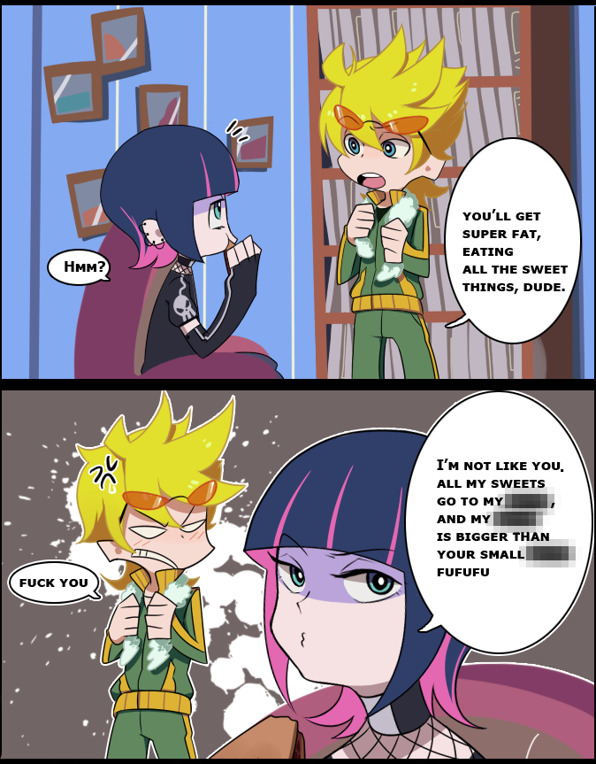 2boys, blonde_hair, blue_eyes, blue_hair, comic, eating, english, genderswap, glasses, laphy, male, panty_&amp;_stocking_with_garterbelt, panty_(character), panty_(psg), rapi_(artist), stocking_(character), stocking_(psg)