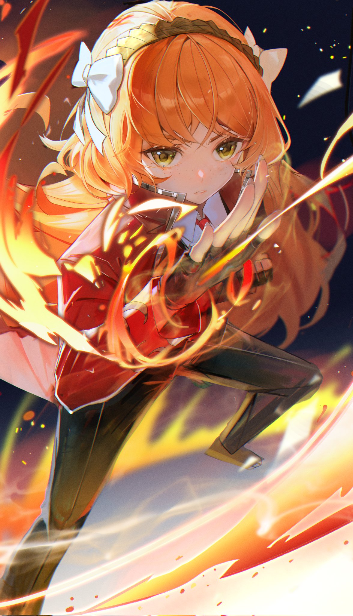 1girl, black_pants, bow, brown_hairband, ellen6468, fire, foreshortening, freckles