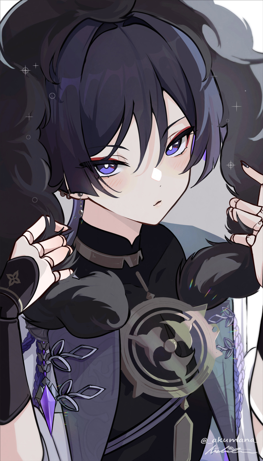 1boy, absurdres, adjusting_hood, akumana, alternate_costume, artist_name, bright_pupils, close-up