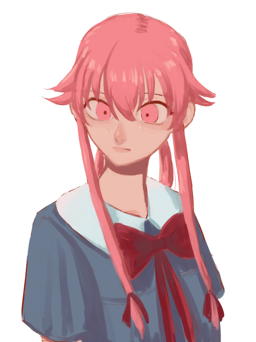 1girl, bow, bowtie, crying, crying_with_eyes_open, domonjoshamambe, gasai_yuno, hair_between_eyes