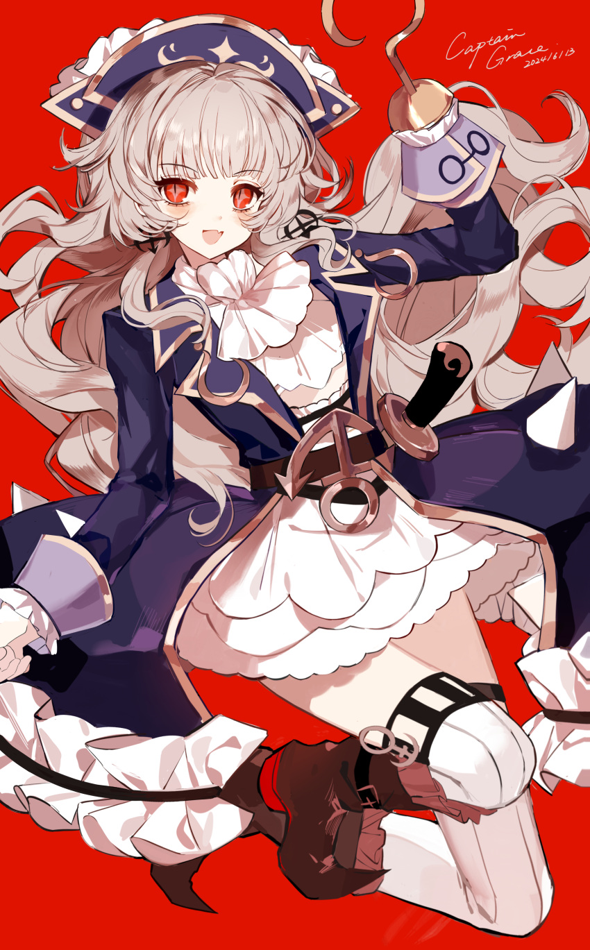 1girl, :d, absurdres, ascot, belt, blue_coat, blue_hat, boots