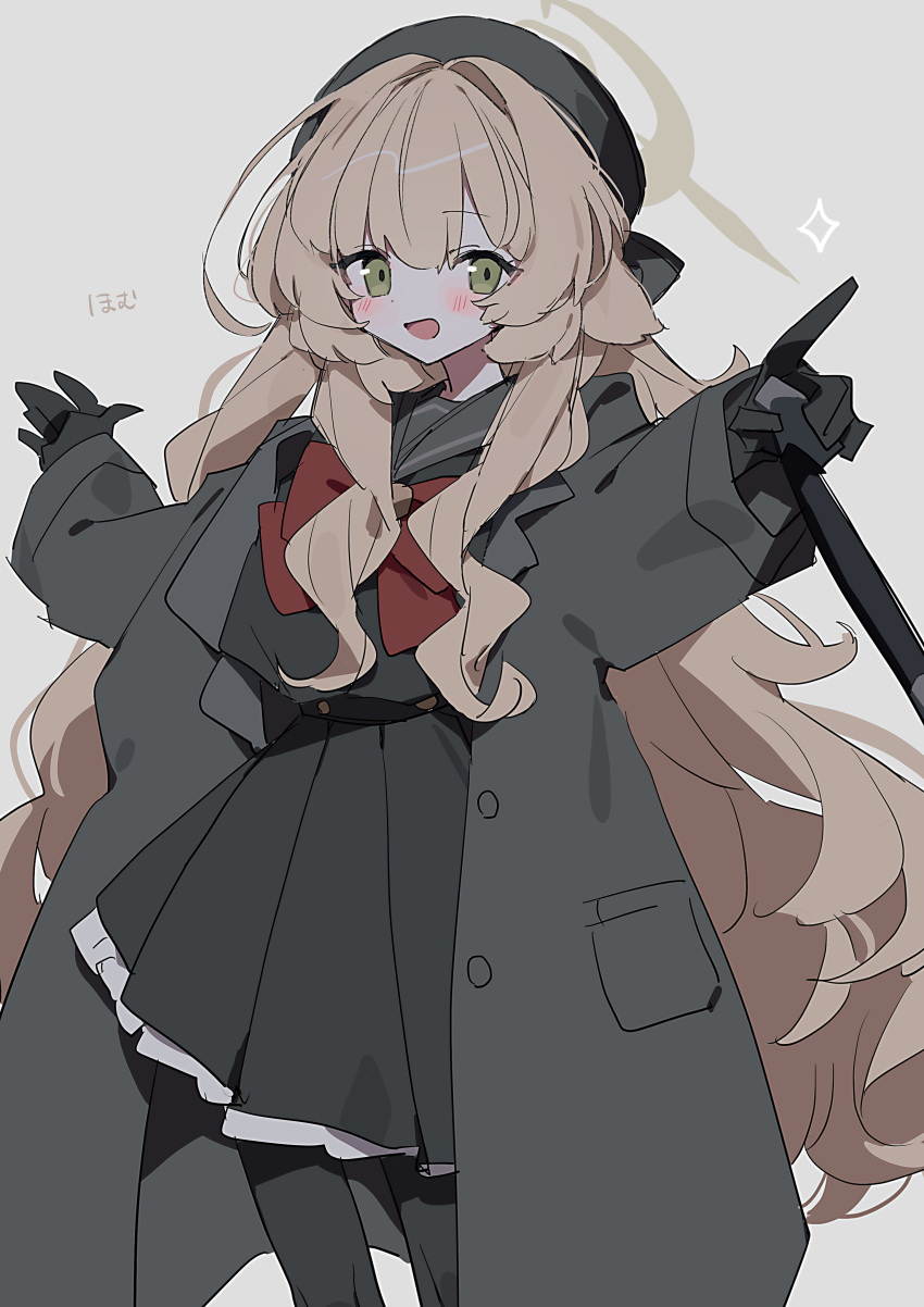 1girl, absurdres, ameno_(motiizamurai), black_coat, black_gloves, black_sailor_collar, blonde_hair, blue_archive