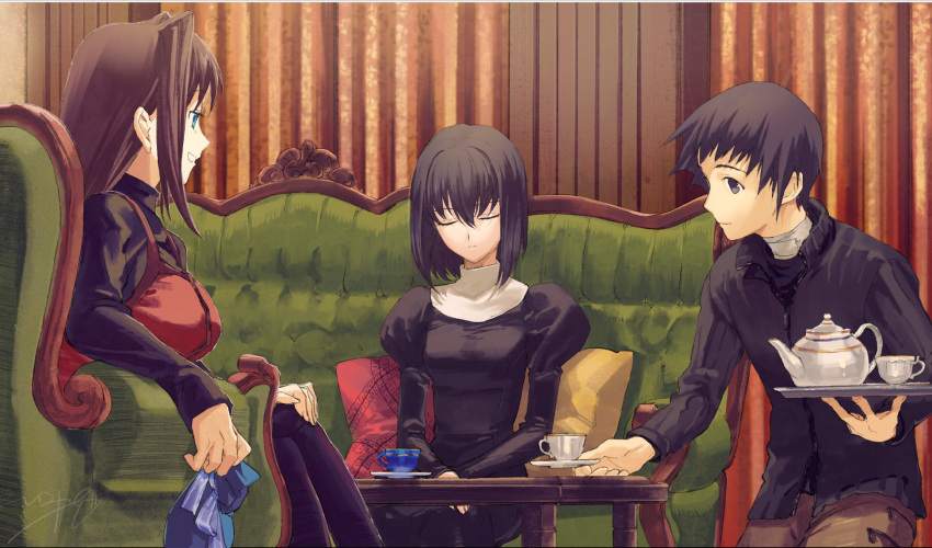 1boy, 2girls, aozaki_aoko, bandaged_neck, bandages, black_dress, black_eyes, black_hair