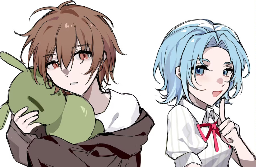 1005nemui, 1boy, 1girl, black_jacket, blue_eyes, blue_hair, breasts, brown_eyes, brown_hair, chinese_commentary, collared_shirt, commentary_request, english_commentary, enomoto_noa, hair_between_eyes, highres, isoi_haruki, jacket, long_sleeves, mixed-language_commentary, neck_ribbon, open_mouth, puffy_short_sleeves, puffy_sleeves, red_ribbon, ribbon, saibou_shinkyoku, shirt, short_hair, short_sleeves, simple_background, small_breasts, smile, striped_clothes, striped_shirt, vertical-striped_clothes, vertical-striped_shirt, white_background, white_shirt