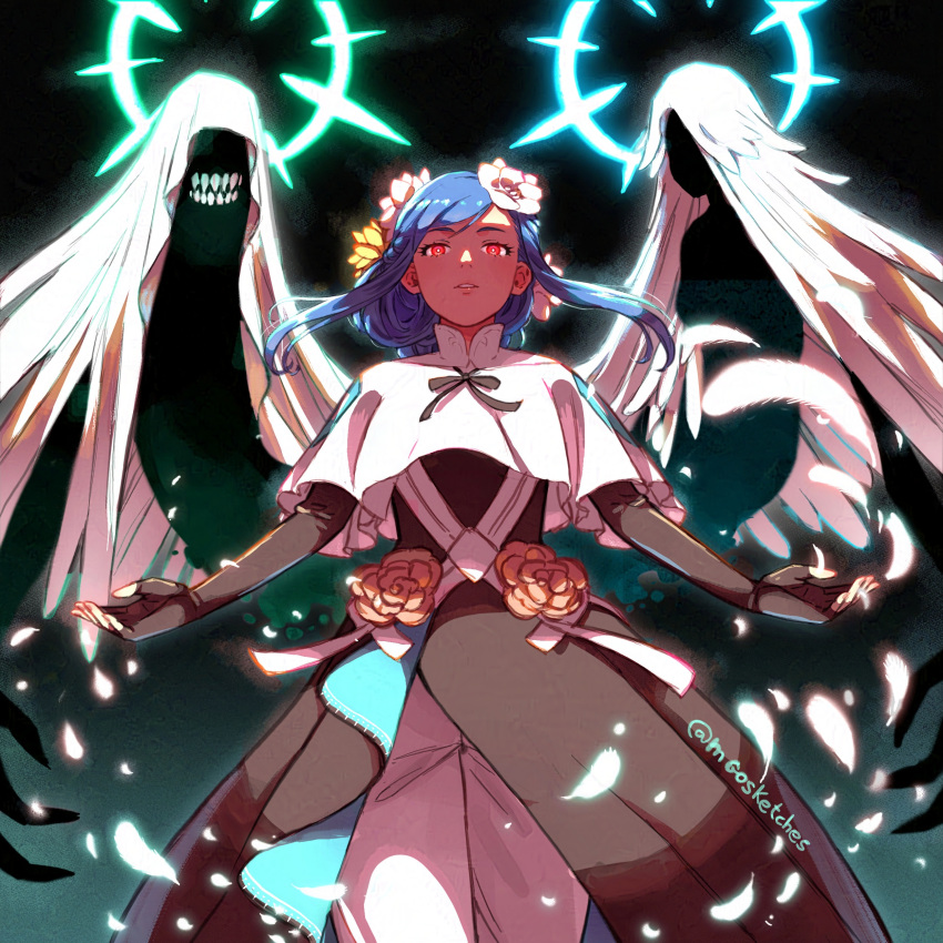 1girl, absurdres, angel_wings, black_dress, black_gloves, blue_hair, braid, braided_ponytail