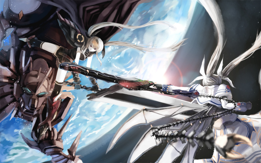 alternate_weapon, ameru.miro, blonde_hair, crossover, dygenguar, fate_testarossa, fingerless_gloves, gloves