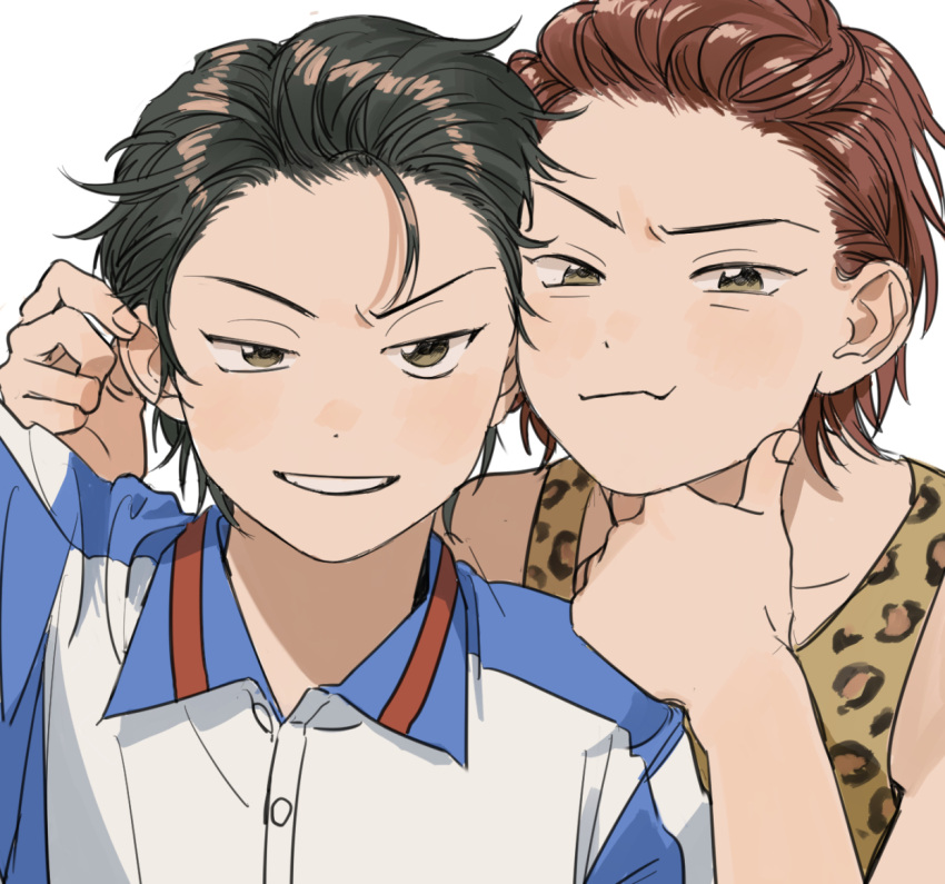 2boys, bare_shoulders, behind_another, black_hair, blush, brown_eyes, cheetah_print, coincoinco, echizen_ryooma, fang, grabbing_another's_ear, grin, hair_slicked_back, hand_on_another's_ear, hand_on_own_chin, looking_at_viewer, loose_hair_strand, multiple_boys, narrowed_eyes, pale_skin, redhead, short_hair, skin_fang, smile, sportswear, tank_top, tennis_no_ouji-sama, tennis_uniform, tooyama_kintarou, tsurime, upper_body, v-shaped_eyebrows, white_background