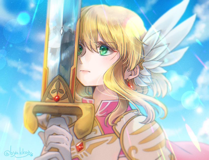 1girl, armor, blonde_hair, blue_sky, byakkos, closed_mouth, clouds, commentary_request