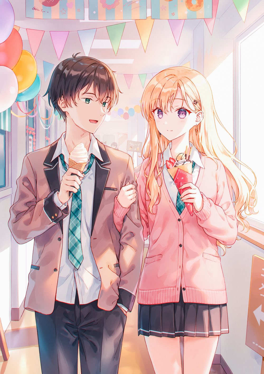1boy, 1girl, asamura_yuuta, ayase_saki, blonde_hair, brown_hair, food, gimai_seikatsu, green_eyes, highres, hiten_(hitenkei), holding_hands, ice_cream, jacket, long_hair, necktie, official_art, pants, school_uniform, shirt, skirt, step-brother_and_step-sister, step-siblings, violet_eyes
