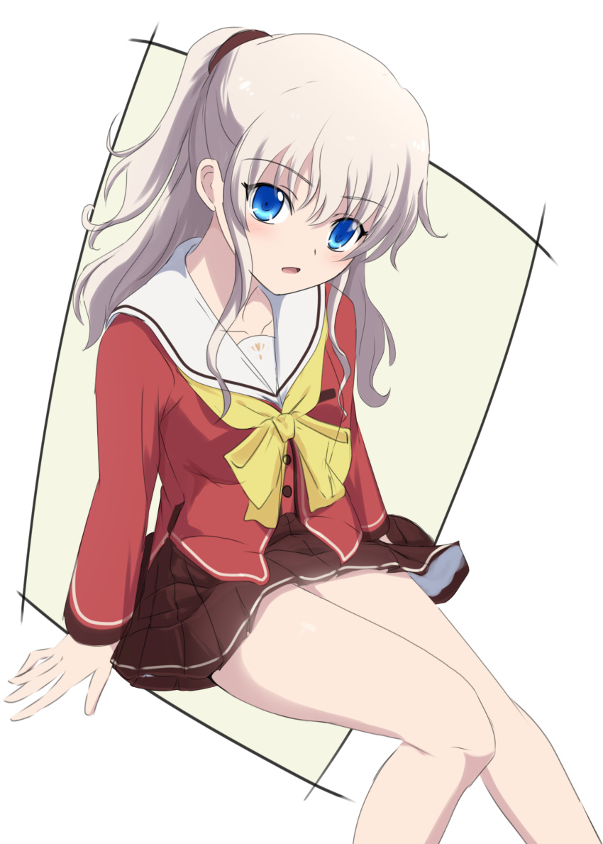 1girl, :o, absurdres, arms_at_sides, blue_eyes, blush, bow, brown_skirt, charlotte_(anime), commentary_request, eyes_visible_through_hair, feet_out_of_frame, grey_hair, hair_between_eyes, highres, hoshinoumi_academy_school_uniform, knees_together_feet_apart, lelie_(lelie_link), long_hair, long_sleeves, looking_at_viewer, miniskirt, open_mouth, pleated_skirt, red_shirt, sailor_collar, school_uniform, serafuku, shirt, sidelocks, simple_background, sitting, skirt, solo, thighs, tomori_nao, two_side_up, wavy_hair, white_background, white_sailor_collar, yellow_bow
