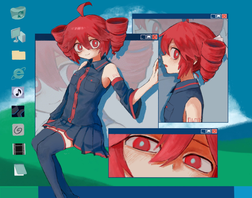 1girl, ahoge, amen_(amemen2222), black_shirt, black_skirt, blue_background, buttons, closed_mouth