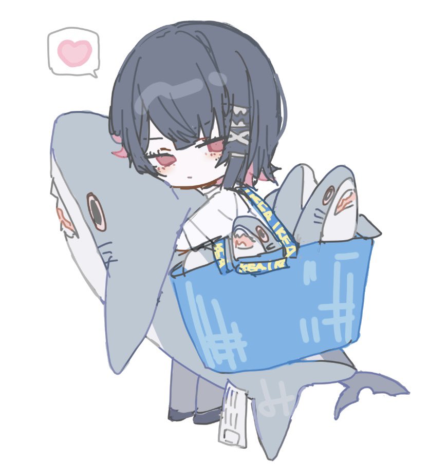 1girl, black_hair, blue_bag, colored_inner_hair, deformed, ellen_joe, full_body, ikea