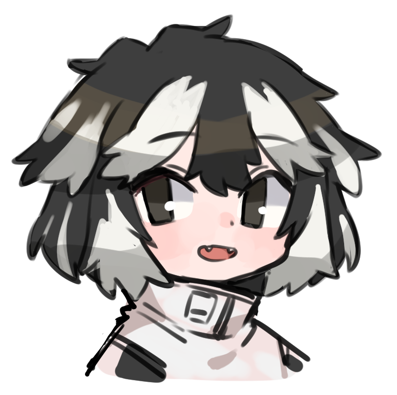 1girl, akubimtcat, animal_ears, black_eyes, black_hair, commentary_request, dog_ears, fangs