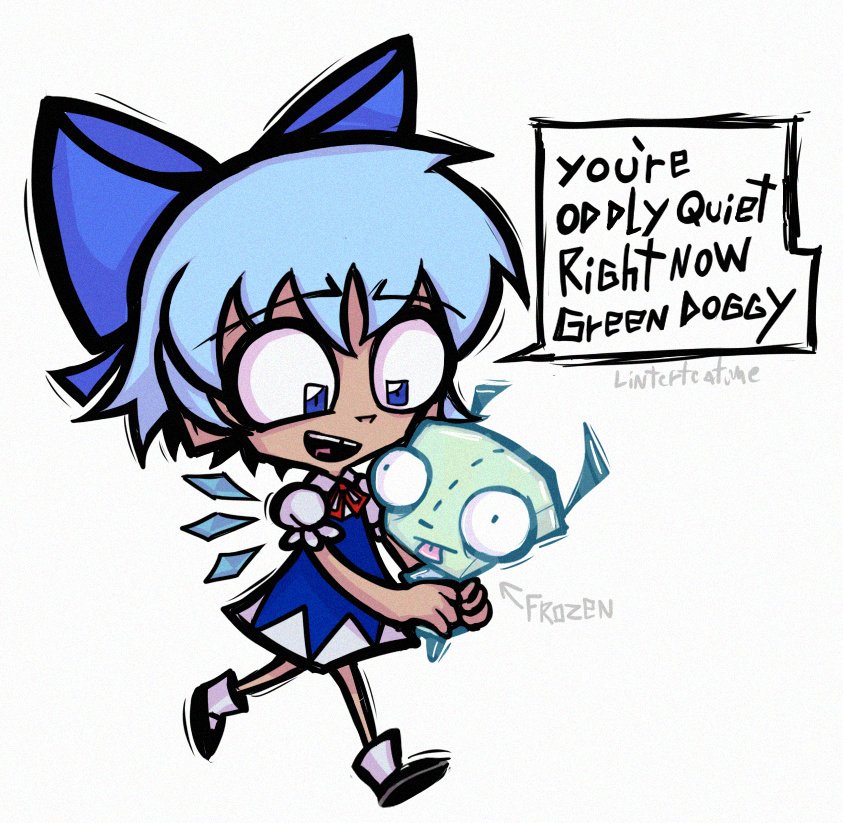 1boy, 1girl, alien, blue_eyes, blue_hair, bow, cartoonized, cirno, crossover, dress, full_body, gir_(invader_zim), hair_bow, hat, holding, invader_zim, jhonen_vasquez_(style), linterteatime, long_sleeves, ribbon, short_hair, short_sleeves, simple_background, smile, toon_(style), touhou, wings