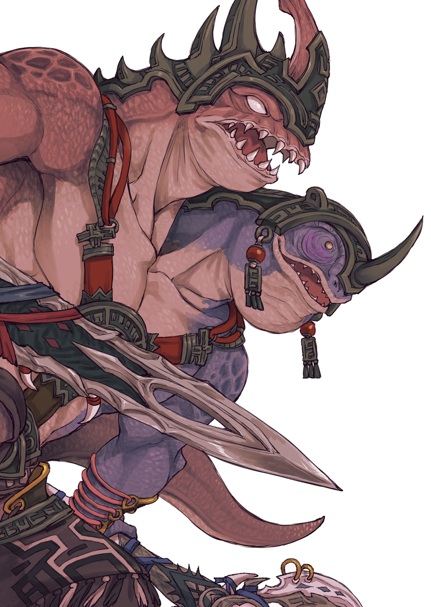 1boy, bakool_ja_ja, blank_eyes, chest_harness, collarbone, cowboy_shot, fake_horns, final_fantasy