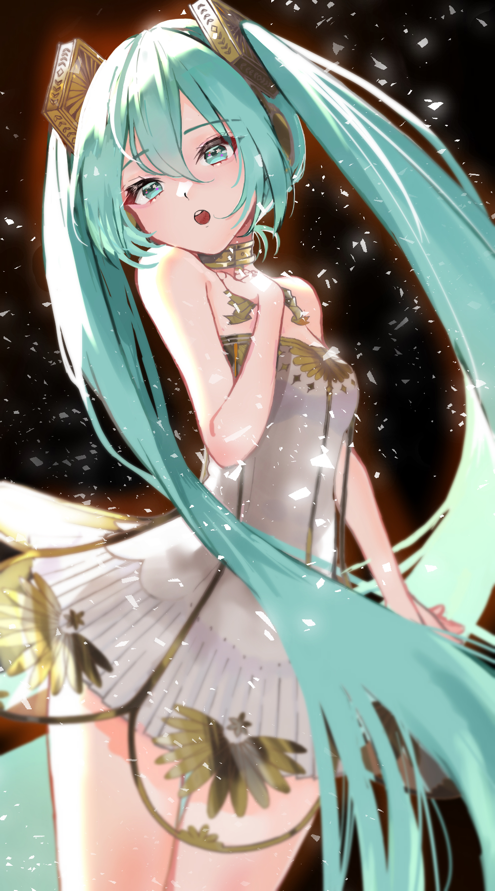 1girl, aqua_eyes, aqua_hair, bare_shoulders, black_background, breasts, collar, commentary, dress, hair_ornament, hand_on_own_chest, hatsune_miku, highres, long_hair, looking_at_viewer, open_mouth, semi-transparent_dress, sleeveless, small_breasts, solo, sparkle, tsunagi_1111, twintails, upper_body, very_long_hair, vocaloid, white_dress