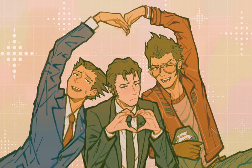 3boys, ace_attorney, aviator_sunglasses, black_hair, black_jacket, black_necktie, black_suit, blue_jacket
