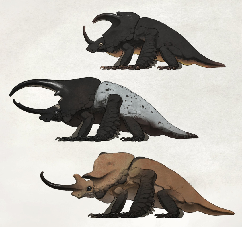 animal_focus, beetle, black_eyes, bug, carapace, chimera, claws, dragon, from_side, full_body, highres, horns, monster, nao70shark1, no_humans, original, profile, simple_background, tail, yellow_background