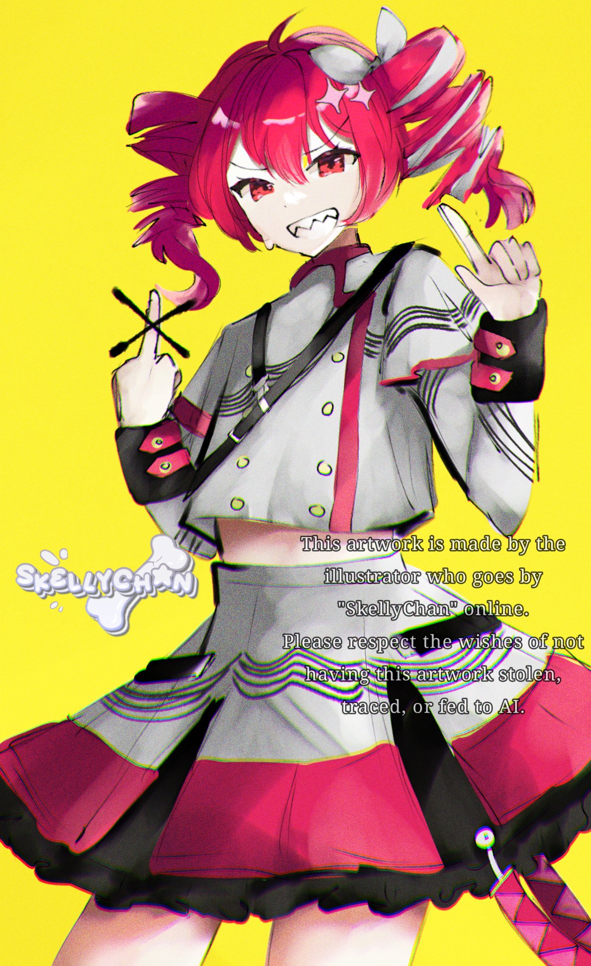 ahoge, bow, buttons, censored, double-breasted, evil_grin, evil_smile, fanburu!_(synthesizer_v)