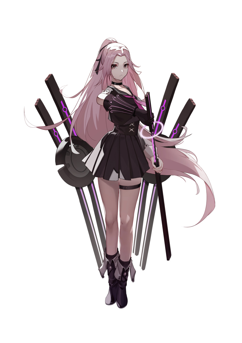 1girl, absurdres, black_choker, black_footwear, black_gloves, black_sailor_collar, black_serafuku, black_skirt, breasts, choker, forever_7th_capital, full_body, gaer, gloves, hair_ribbon, highres, holding, holding_sword, holding_weapon, katana, long_hair, looking_at_viewer, medium_breasts, multiple_swords, neckerchief, parted_bangs, pink_eyes, pink_neckerchief, ponytail, ribbon, sailor_collar, school_uniform, serafuku, sheath, skirt, solo, standing, sword, thigh_strap, unsheathing, very_long_hair, weapon, white_background, xie_wang
