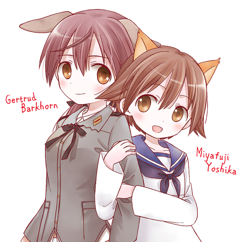 animal_ears, back-to-back, brown_eyes, brown_hair, cat_ears, cat_tail, dog_ears, dog_tail