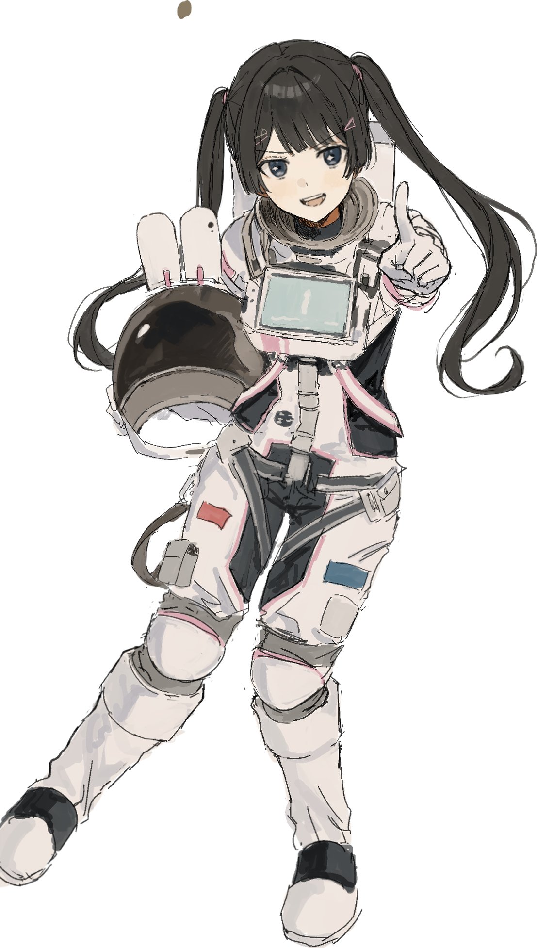 1girl, :d, backpack, bag, blue_eyes, blush, brown_hair, dot_nose, full_body, gloves, harness, helmet, highres, holding, holding_helmet, index_finger_raised, legs_apart, long_hair, looking_at_viewer, mita_(d66886), nijisanji, open_mouth, outstretched_arm, pointing, pointing_at_viewer, sidelocks, simple_background, smile, solo, space_helmet, spacesuit, teeth, tsukino_mito, twintails, upper_teeth_only, virtual_youtuber, white_background, white_gloves