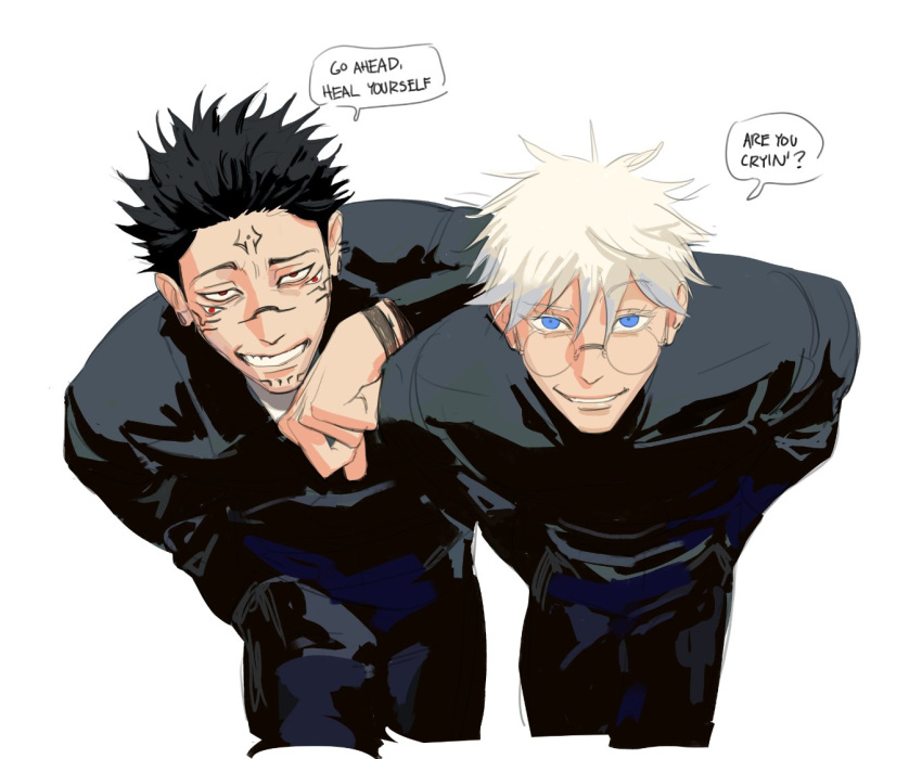 2boys, black_hair, blue_eyes, bullying, extra_eyes, facial_tattoo, glasses, gojou_satoru, iba_(kcokaine), jujutsu_kaisen, jujutsu_tech_uniform, looking_at_viewer, multiple_boys, red_eyes, ryoumen_sukuna_(jujutsu_kaisen), tattoo, white_hair
