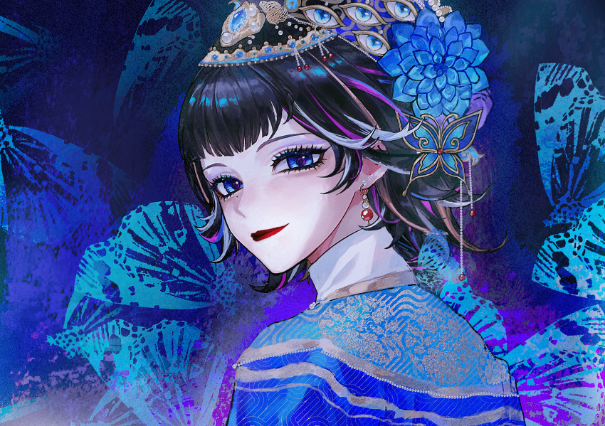 1girl, alternate_costume, animal_print, black_hair, blue_background, blue_eyeliner, blue_eyes, blue_flower