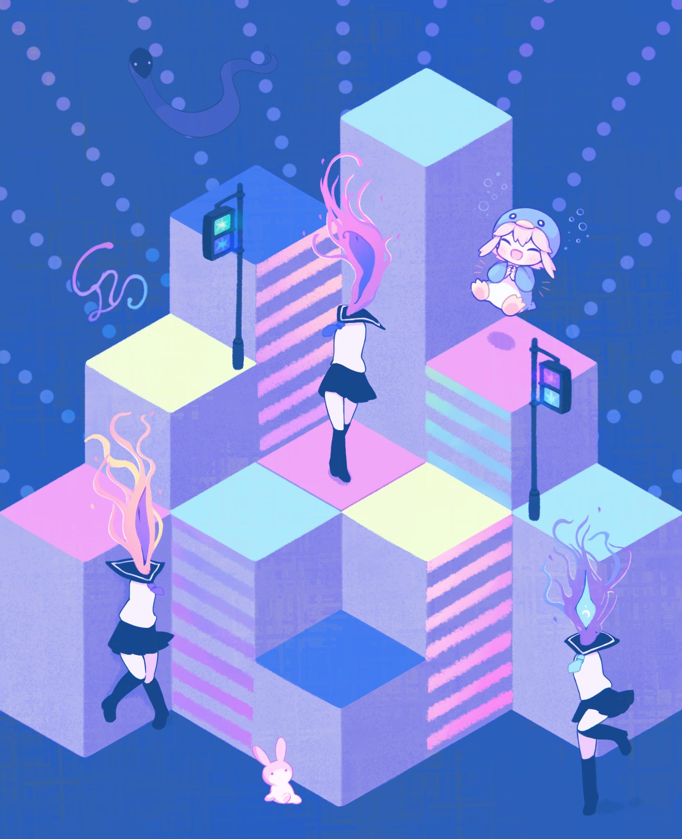 4girls, :d, air_bubble, animal_costume, black_sailor_collar, black_skirt, black_socks, blue_background