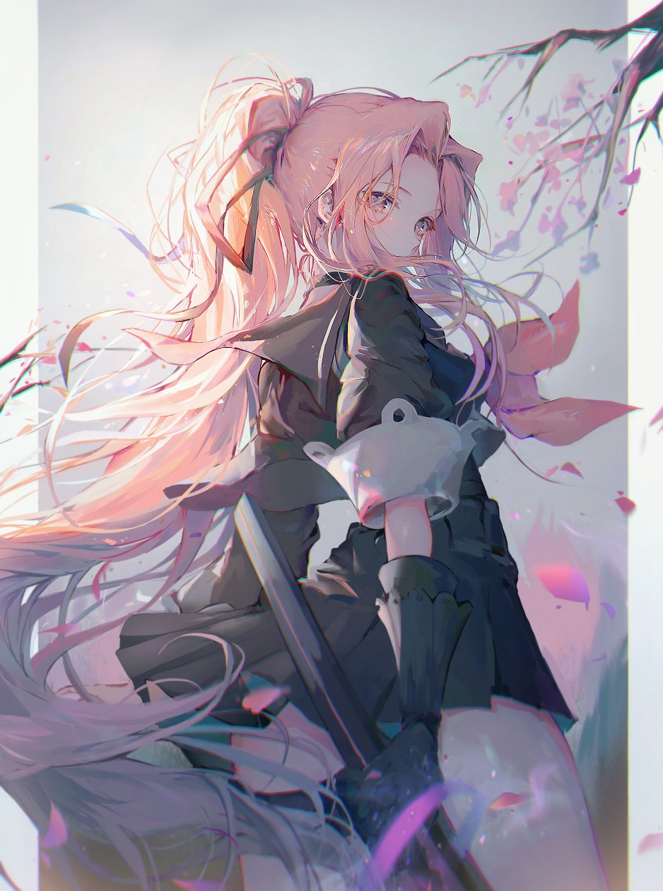 0m1nyu, 1girl, black_gloves, black_sailor_collar, black_serafuku, black_skirt, cherry_blossoms, cowboy_shot