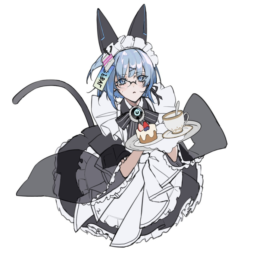 1girl, 3shine_02, animal_ears, apron, blue_eyes, blue_hair, blueberry, cake, cat_tail, commentary, cropped_torso, cup, fake_animal_ears, food, frilled_skirt, frills, fruit, glasses, hair_ornament, hashtag-only_commentary, highres, holding, holding_plate, labyrinth_(path_to_nowhere), looking_at_viewer, maid, maid_headdress, mechanical_ears, mole, mole_on_cheek, neck_ribbon, path_to_nowhere, plate, price_tag, ribbon, ribbon_earrings, rimless_eyewear, saucer, see-through, see-through_sleeves, short_hair, simple_background, skirt, solo, strawberry, switch, tail, teacup, teaspoon, waist_apron, white_background, x_hair_ornament