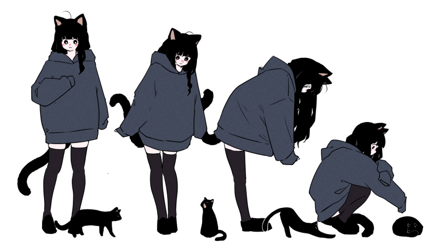 1girl, animal_ears, black_cat, black_eyes, black_thighhighs, blush_stickers, cat, cat_ears